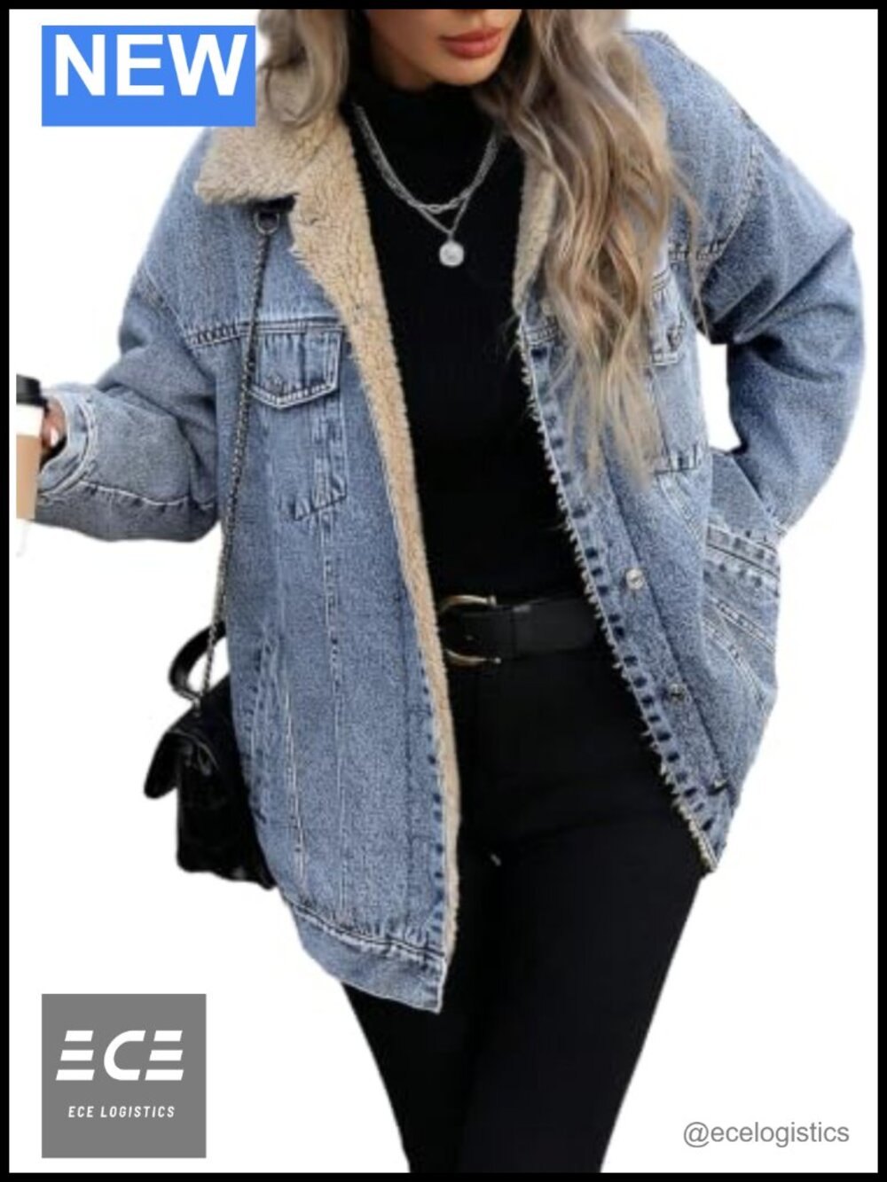 Oversized Sherpa Lined Trucker Denim Jacket Boyfriend Fit Button Front